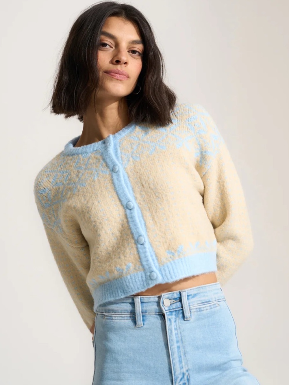 Callahan Knitwear || Maeve Fair Isle Cardigan Sweater in Creme Ivory Blue Large